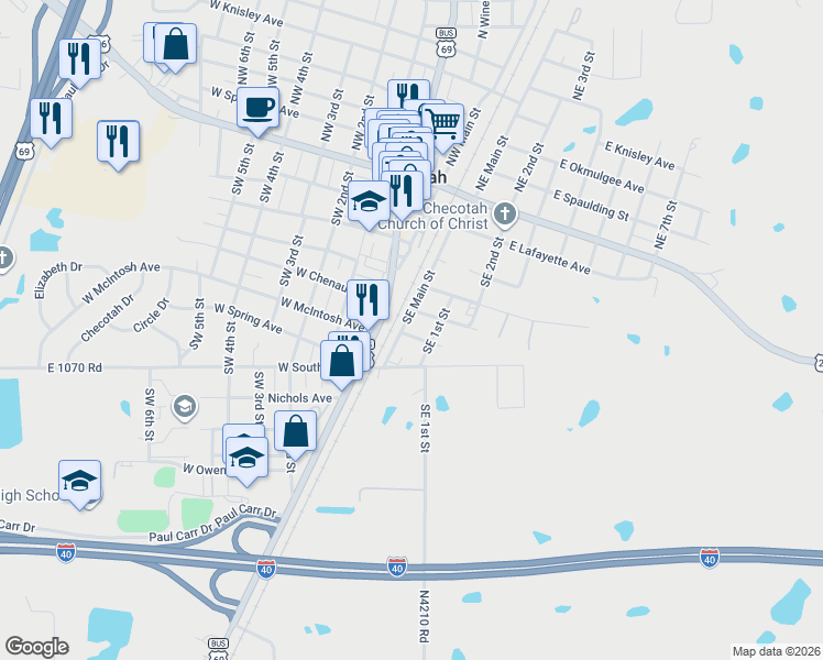 map of restaurants, bars, coffee shops, grocery stores, and more near 315 Southeast 1st Street in Checotah