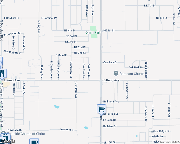 map of restaurants, bars, coffee shops, grocery stores, and more near 9909 East Reno Avenue in Midwest City