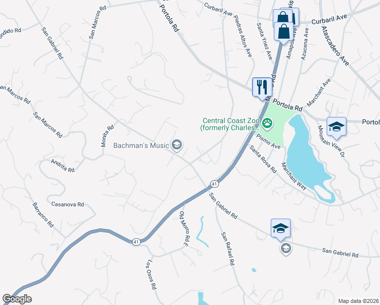 map of restaurants, bars, coffee shops, grocery stores, and more near 7705 San Gabriel Road in Atascadero