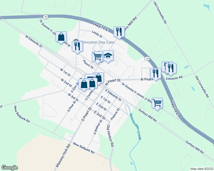 map of restaurants, bars, coffee shops, grocery stores, and more near 201 East Railroad Avenue in Princeton