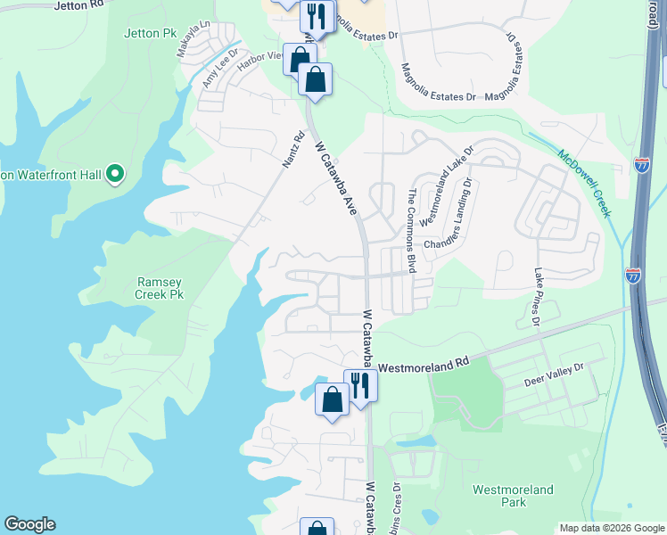 map of restaurants, bars, coffee shops, grocery stores, and more near 18848 Silver Quay Drive in Cornelius