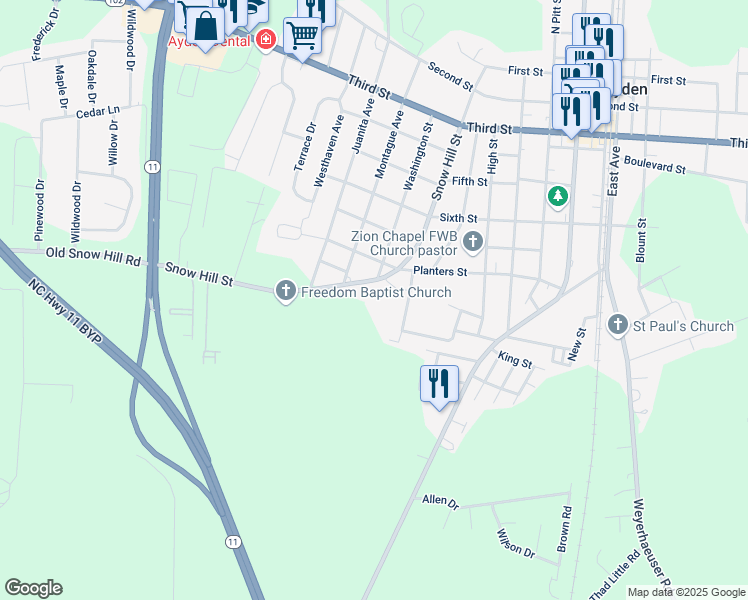 map of restaurants, bars, coffee shops, grocery stores, and more near 309 Snow Hill Street in Ayden