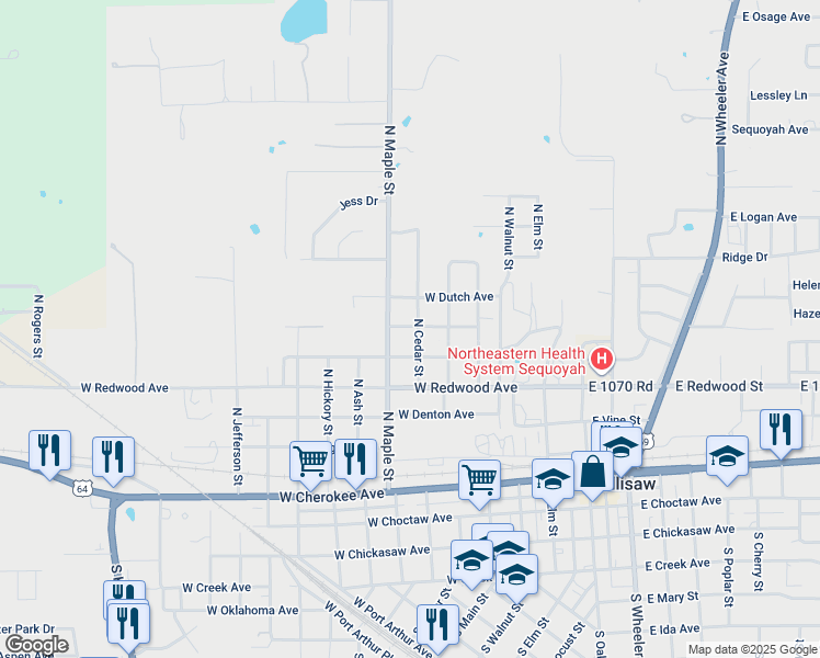 map of restaurants, bars, coffee shops, grocery stores, and more near 416 West Dutch Avenue in Sallisaw