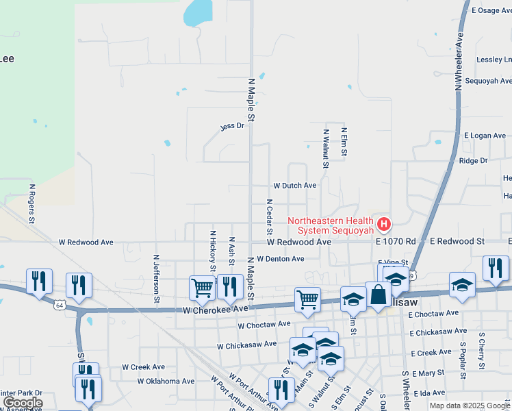 map of restaurants, bars, coffee shops, grocery stores, and more near 602 West Dutch Avenue in Sallisaw