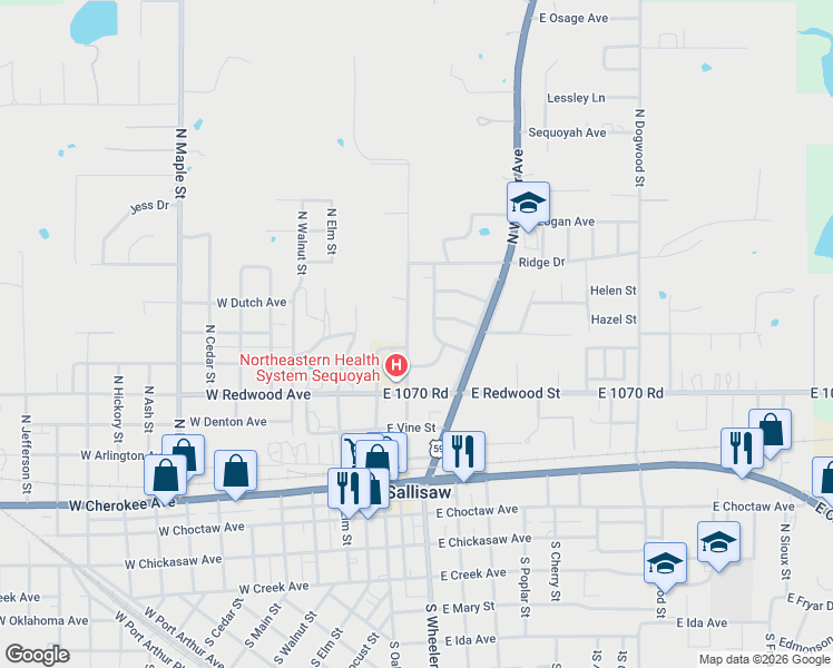 map of restaurants, bars, coffee shops, grocery stores, and more near North Harriet Street in Sallisaw