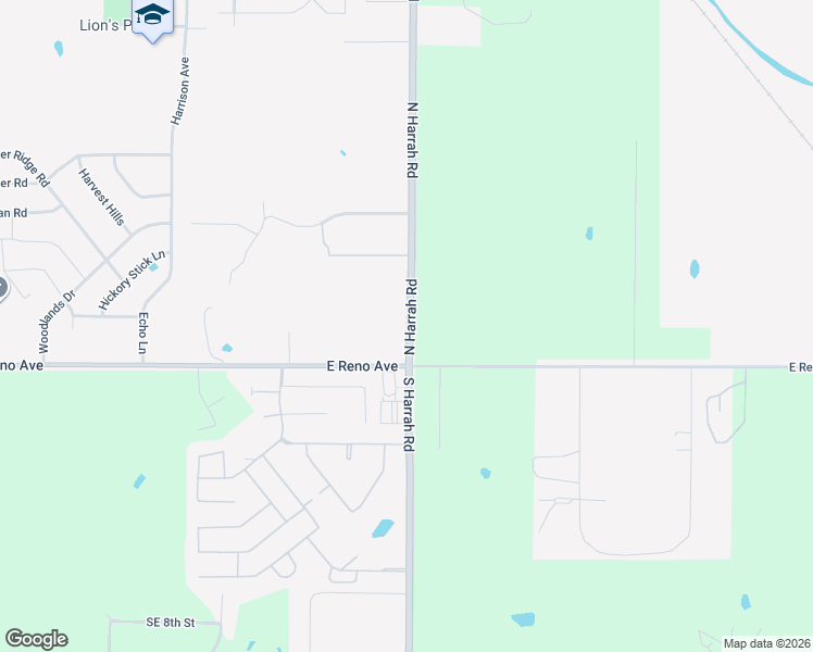 map of restaurants, bars, coffee shops, grocery stores, and more near 201 North Harrah Road in Harrah
