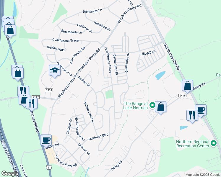 map of restaurants, bars, coffee shops, grocery stores, and more near 19021 Coachmans Trace in Cornelius