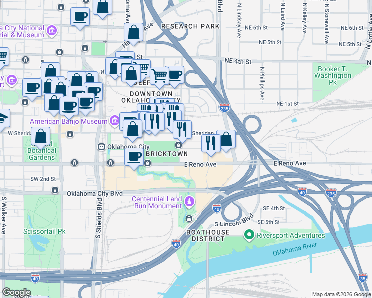 map of restaurants, bars, coffee shops, grocery stores, and more near East California Avenue in Oklahoma City