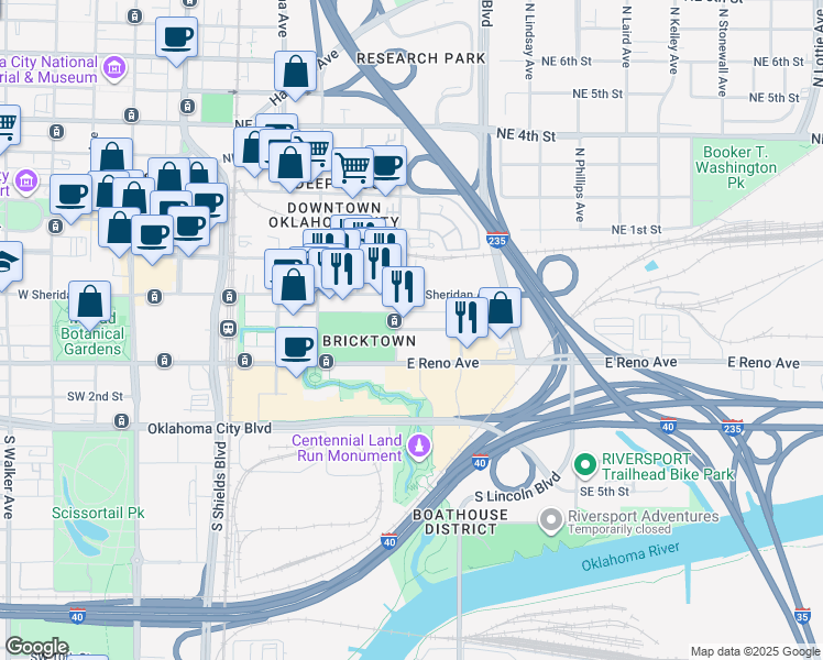 map of restaurants, bars, coffee shops, grocery stores, and more near Kings Of Leon Lane in Oklahoma City