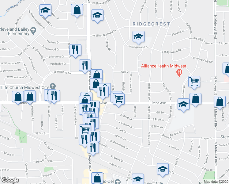 map of restaurants, bars, coffee shops, grocery stores, and more near 2900 North Glenhaven Drive in Midwest City