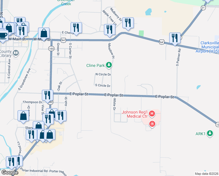 map of restaurants, bars, coffee shops, grocery stores, and more near 200 Meadow Place in Clarksville