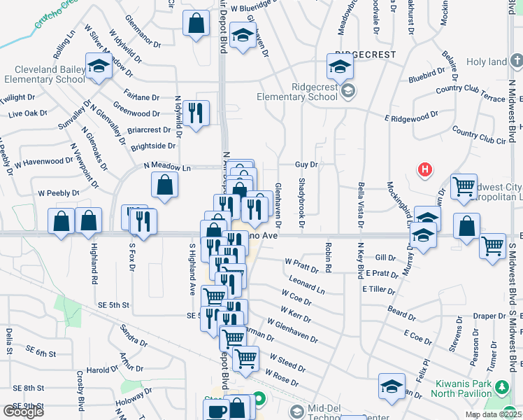 map of restaurants, bars, coffee shops, grocery stores, and more near 208 Marlow Drive in Midwest City