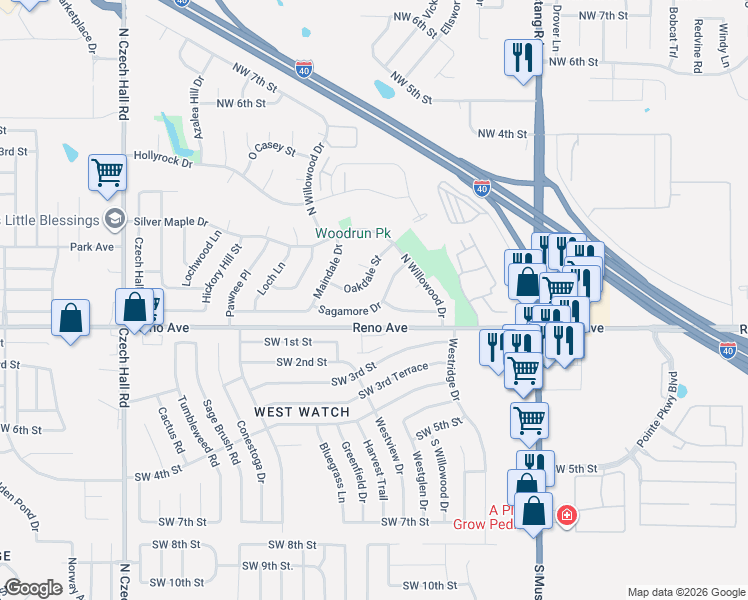 map of restaurants, bars, coffee shops, grocery stores, and more near 11713 Oakdale Street in Yukon