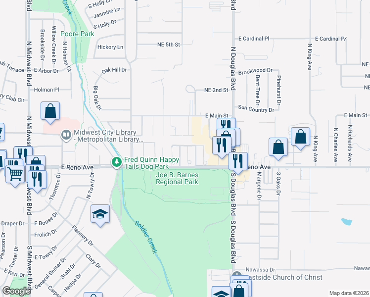 map of restaurants, bars, coffee shops, grocery stores, and more near 303 Kathleen Drive in Midwest City
