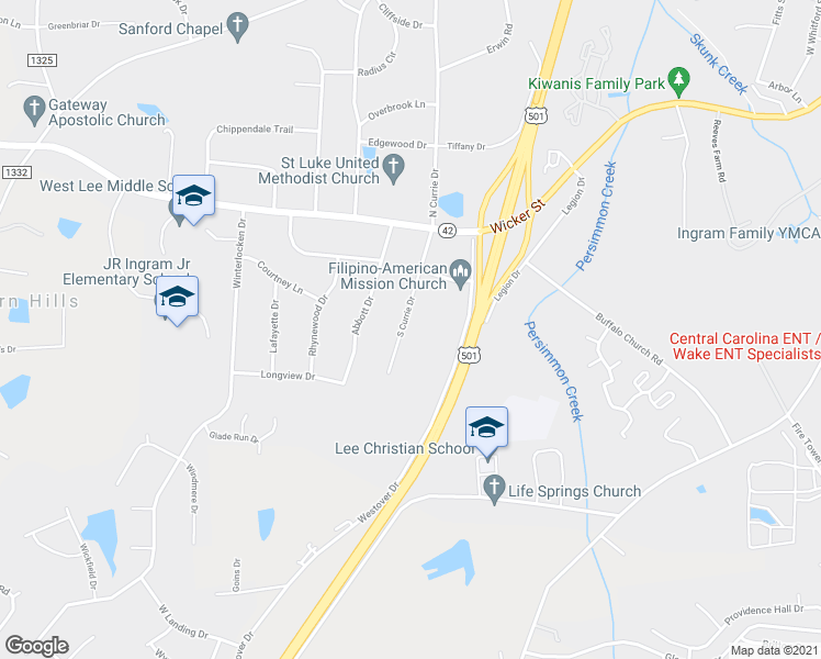 map of restaurants, bars, coffee shops, grocery stores, and more near 223 South Currie Drive in Sanford