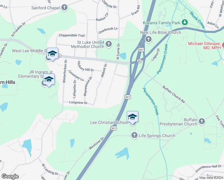 map of restaurants, bars, coffee shops, grocery stores, and more near 223 South Currie Drive in Sanford