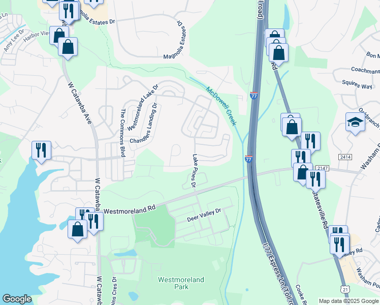 map of restaurants, bars, coffee shops, grocery stores, and more near 17511 Harbor Walk Drive in Cornelius
