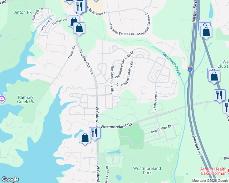 map of restaurants, bars, coffee shops, grocery stores, and more near 18520 Chandlers Landingwindjammer Circle in Cornelius