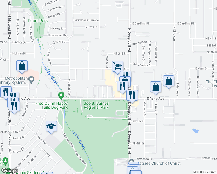 map of restaurants, bars, coffee shops, grocery stores, and more near 308 Kendra Drive in Midwest City