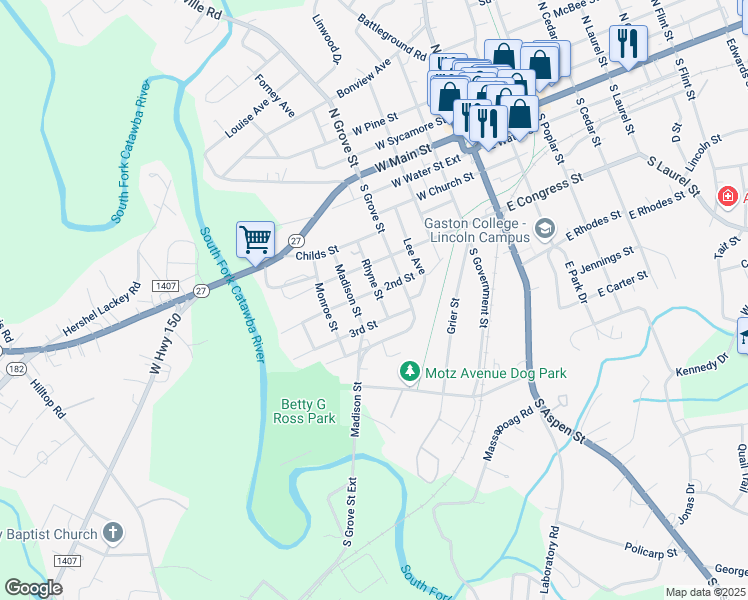 map of restaurants, bars, coffee shops, grocery stores, and more near 416 Rhyne Street in Lincolnton