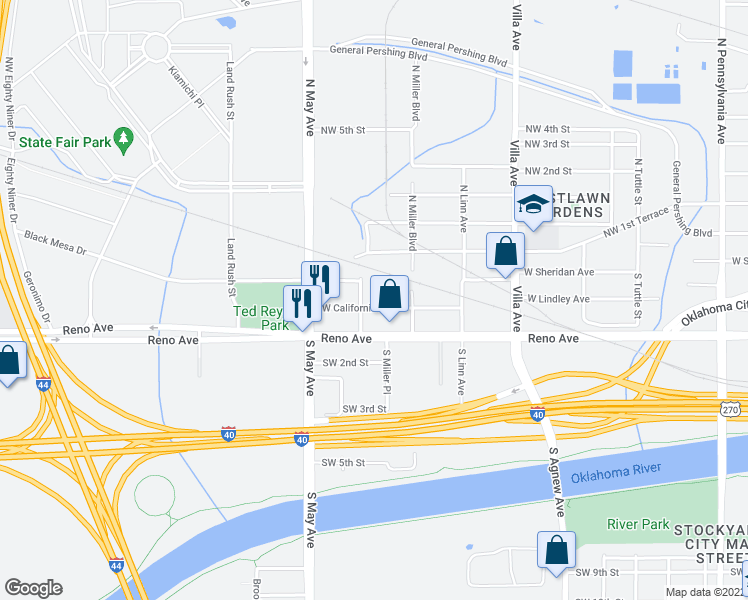 map of restaurants, bars, coffee shops, grocery stores, and more near 106 South Ross Avenue in Oklahoma City