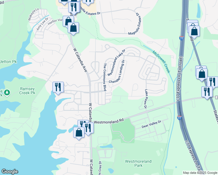 map of restaurants, bars, coffee shops, grocery stores, and more near 18520 Chandlers Landingwindjammer Circle in Cornelius