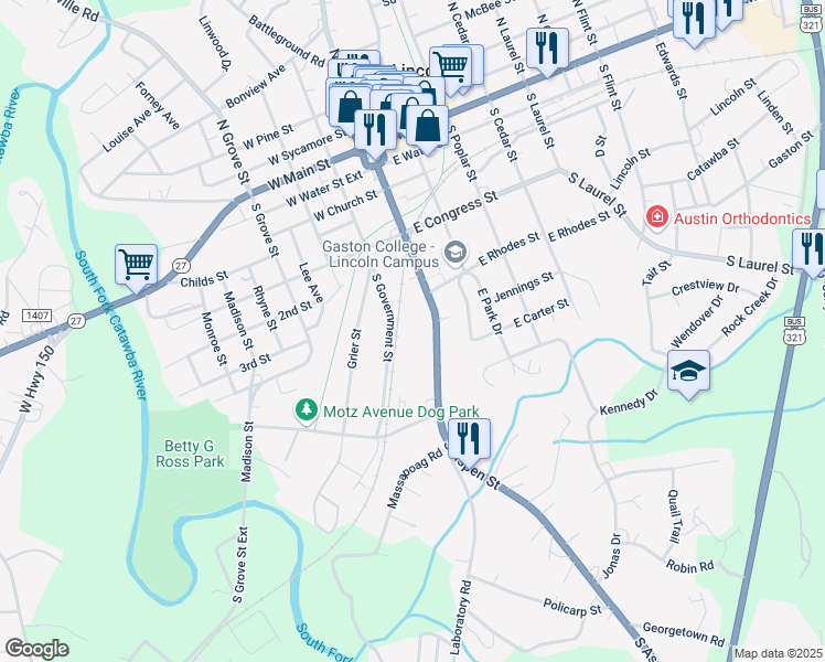 map of restaurants, bars, coffee shops, grocery stores, and more near 618 South Aspen Street in Lincolnton