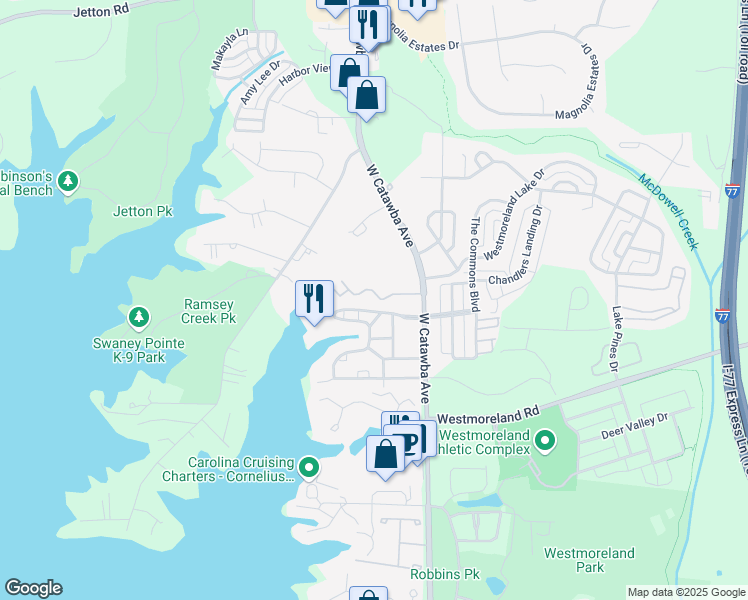 map of restaurants, bars, coffee shops, grocery stores, and more near 18834 Silver Quay Drive in Cornelius