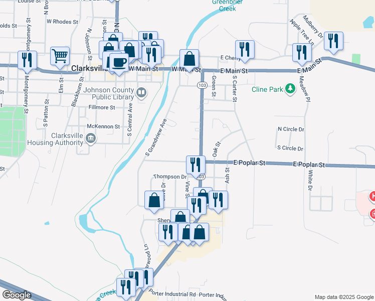 map of restaurants, bars, coffee shops, grocery stores, and more near 510 South Rogers Street in Clarksville