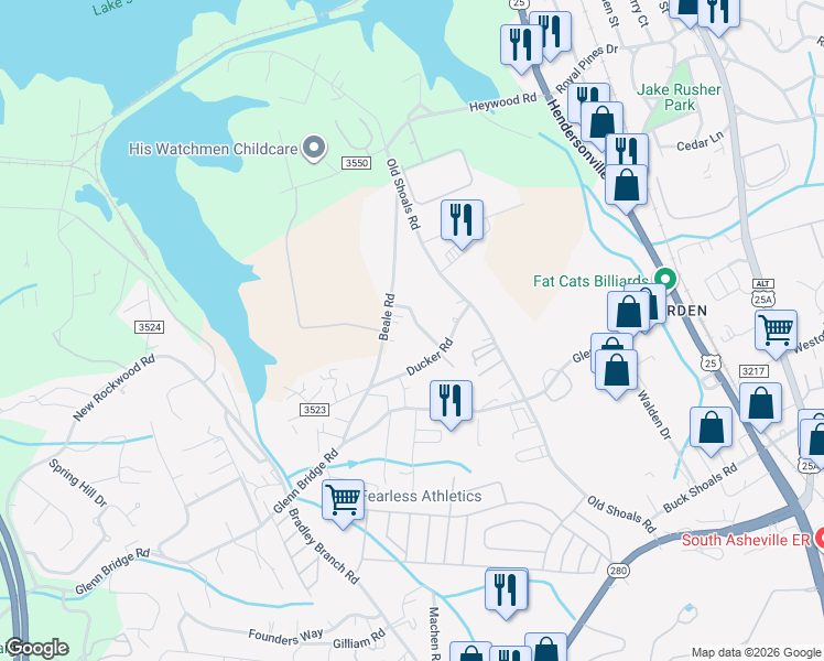 map of restaurants, bars, coffee shops, grocery stores, and more near 6 Copney Lane in Arden
