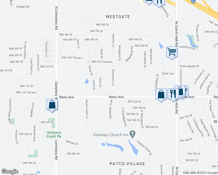 map of restaurants, bars, coffee shops, grocery stores, and more near 12616 Northwest 1st Terrace in Yukon