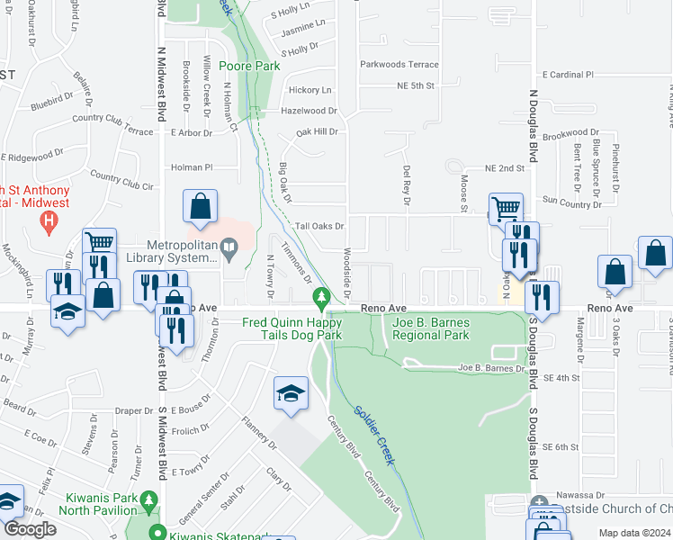map of restaurants, bars, coffee shops, grocery stores, and more near 2905 Woodside Drive in Midwest City