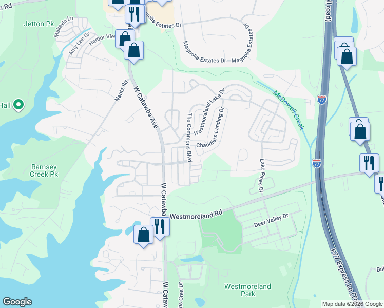 map of restaurants, bars, coffee shops, grocery stores, and more near 18520 Chandlers Landingwindjammer Circle in Cornelius
