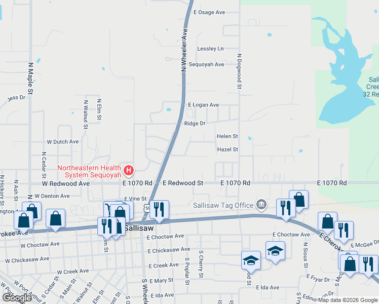 map of restaurants, bars, coffee shops, grocery stores, and more near 103 Zulkey Street in Sallisaw