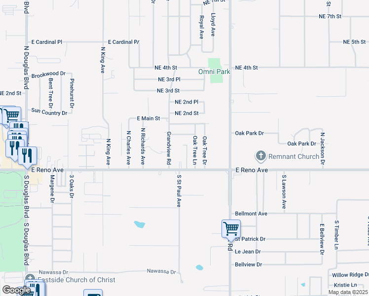 map of restaurants, bars, coffee shops, grocery stores, and more near 9703 Bradford Place in Midwest City