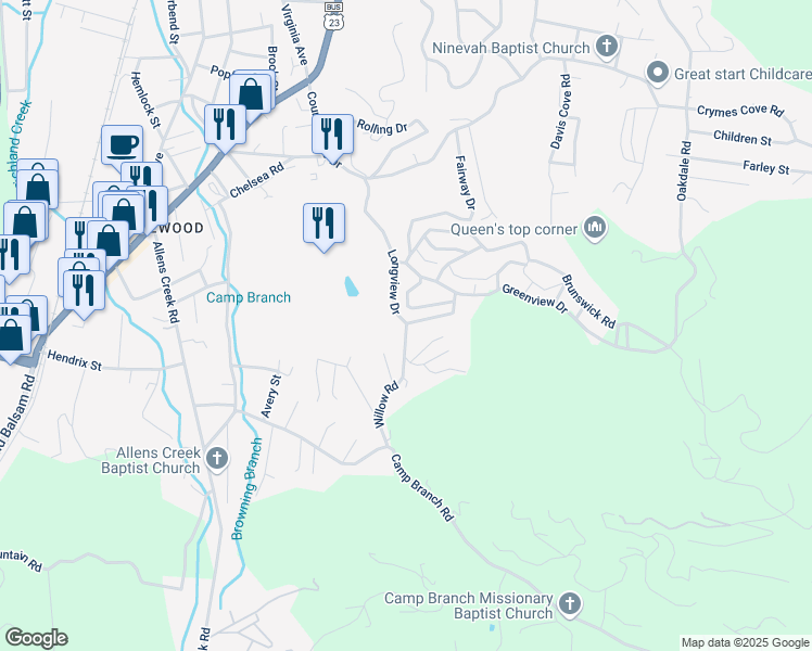 map of restaurants, bars, coffee shops, grocery stores, and more near 5 Willow Road in Waynesville