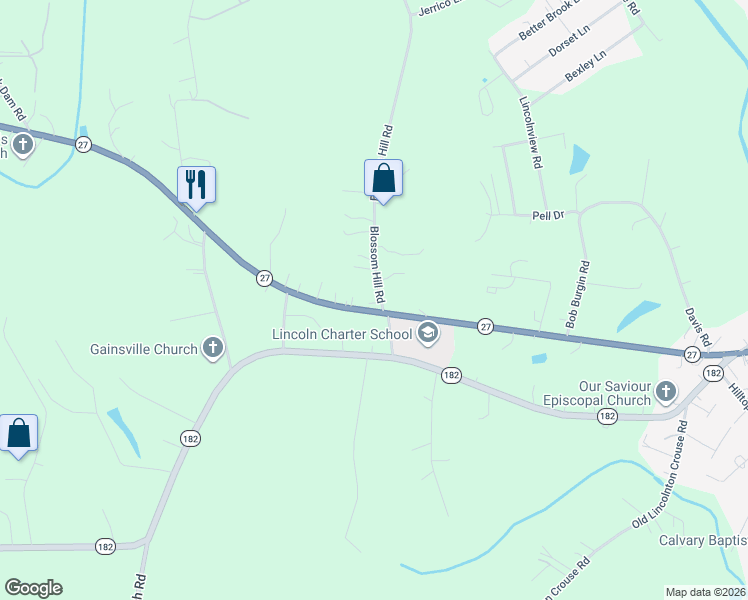 map of restaurants, bars, coffee shops, grocery stores, and more near 135 Blossom Hill Road in Lincolnton