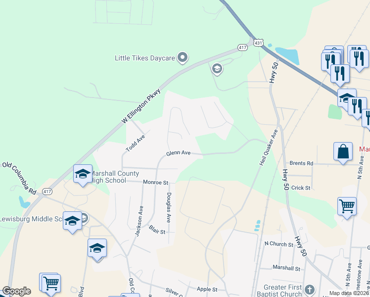 map of restaurants, bars, coffee shops, grocery stores, and more near 1309 Amberwood Court in Lewisburg