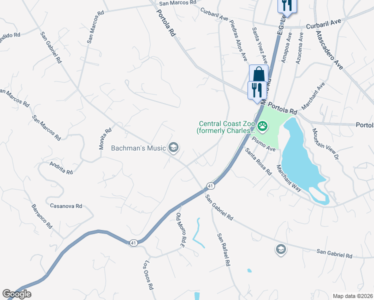 map of restaurants, bars, coffee shops, grocery stores, and more near 7705 San Gabriel Road in Atascadero