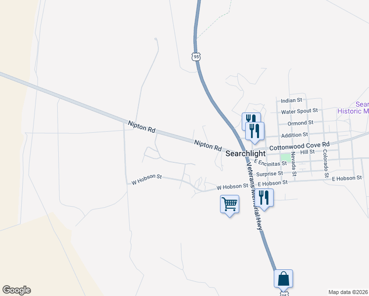 map of restaurants, bars, coffee shops, grocery stores, and more near Nevada 164 in Searchlight