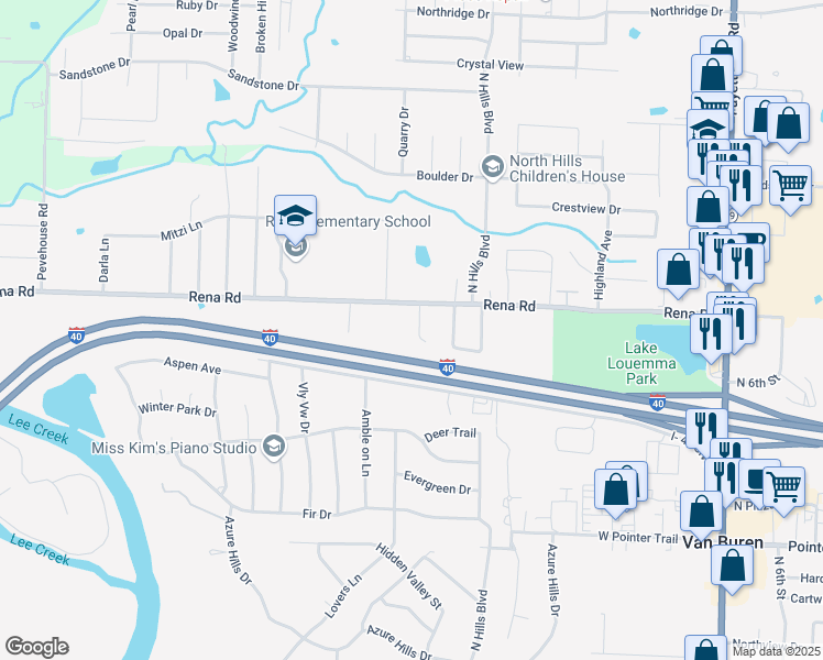 map of restaurants, bars, coffee shops, grocery stores, and more near 1917 Lovers Lane in Van Buren
