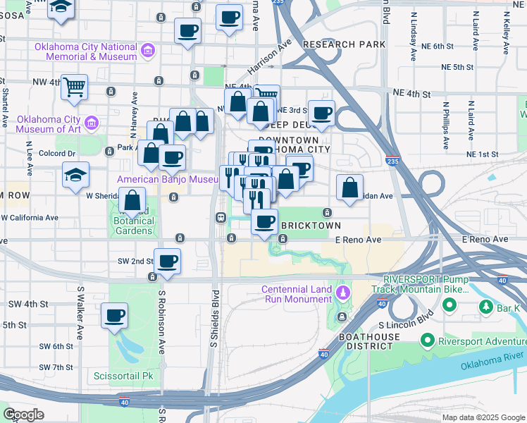 map of restaurants, bars, coffee shops, grocery stores, and more near 100 East Sheridan Avenue in Oklahoma City