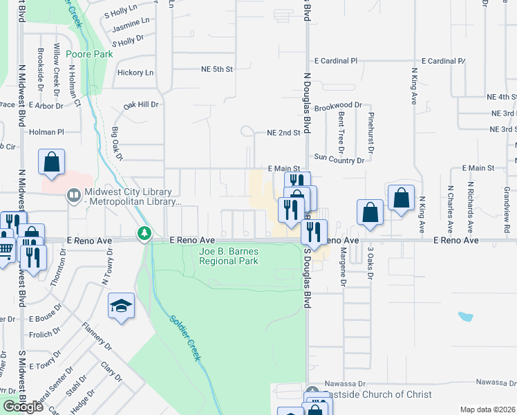 map of restaurants, bars, coffee shops, grocery stores, and more near 8795 Saint George Way in Midwest City