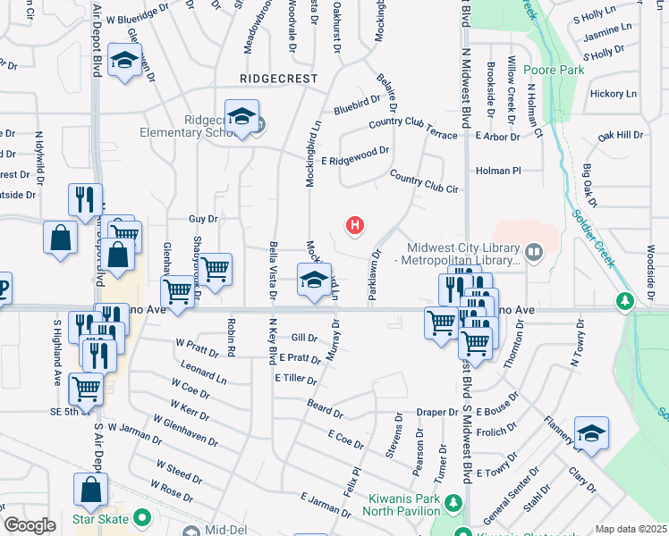 map of restaurants, bars, coffee shops, grocery stores, and more near 2824 Mockingbird Lane in Midwest City