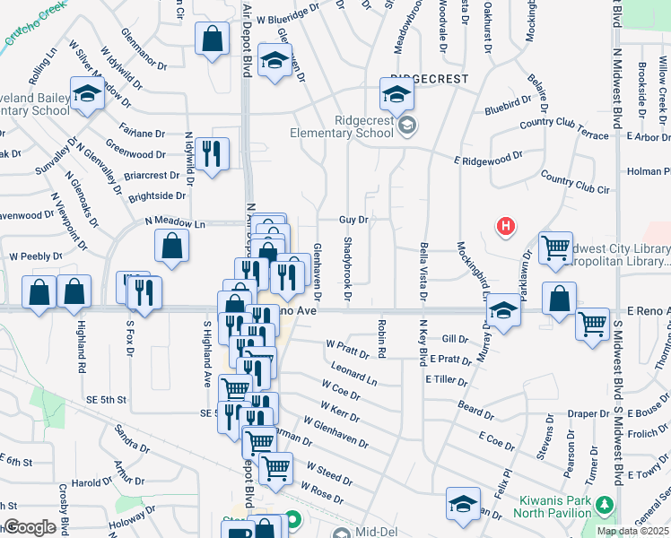 map of restaurants, bars, coffee shops, grocery stores, and more near 2906 Glenhaven Drive in Midwest City