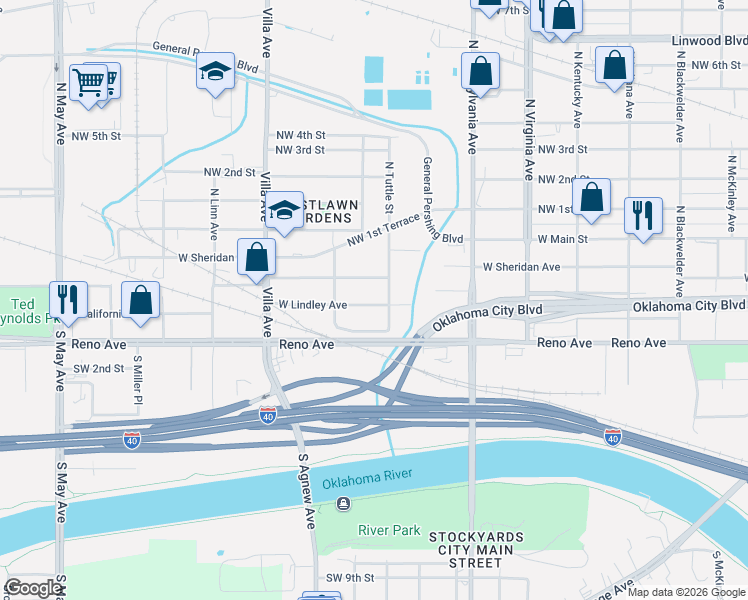 map of restaurants, bars, coffee shops, grocery stores, and more near 2322 West Sheridan Avenue in Oklahoma City