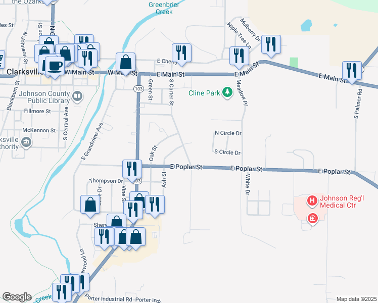 map of restaurants, bars, coffee shops, grocery stores, and more near 601 South Carter Street in Clarksville