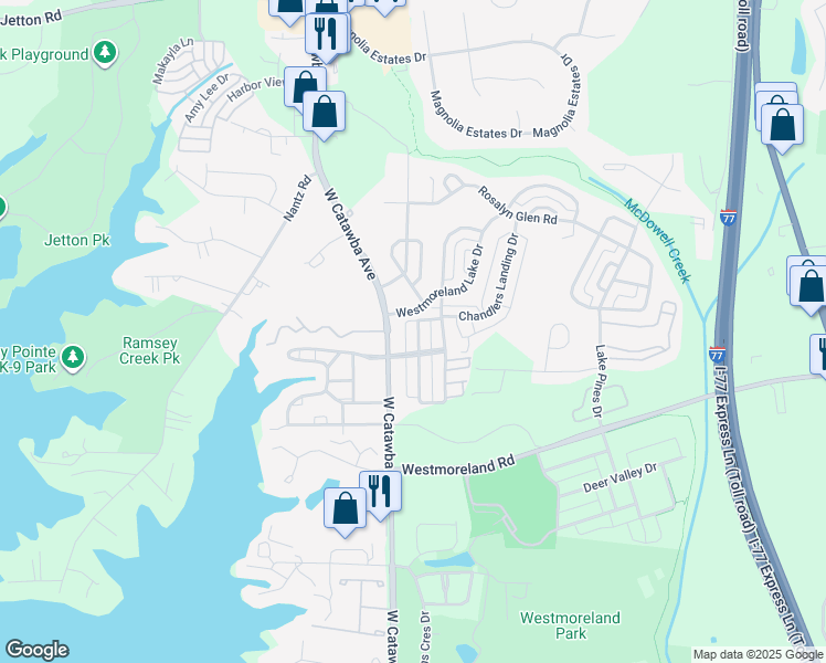 map of restaurants, bars, coffee shops, grocery stores, and more near 8335 Viewpoint Lane in Cornelius