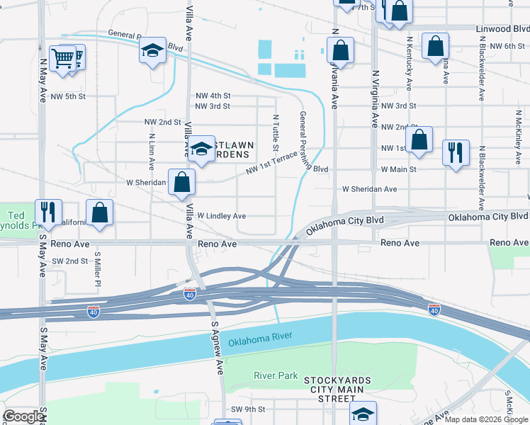 map of restaurants, bars, coffee shops, grocery stores, and more near 2322 West Sheridan Avenue in Oklahoma City