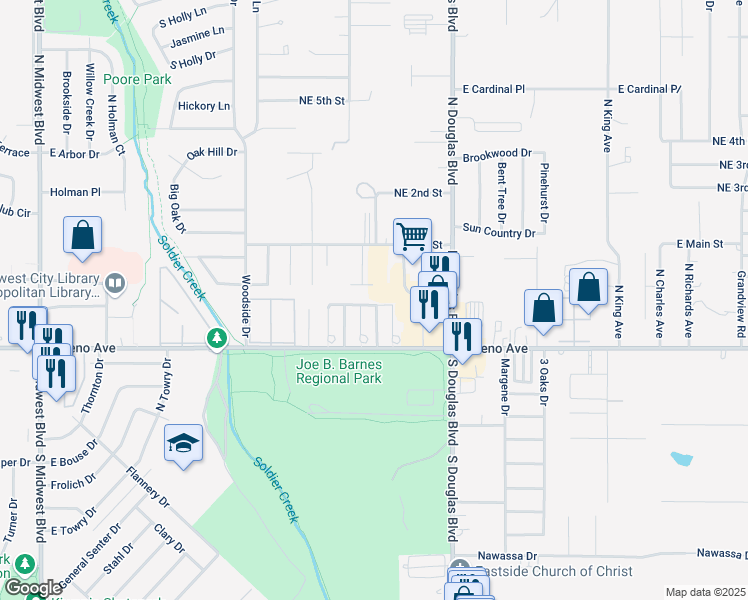 map of restaurants, bars, coffee shops, grocery stores, and more near 8795 Saint George Way in Midwest City
